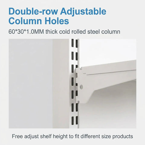 Close-up of heavy duty gondola shelving unit column with double-row adjustable column holes for customized shelf height.