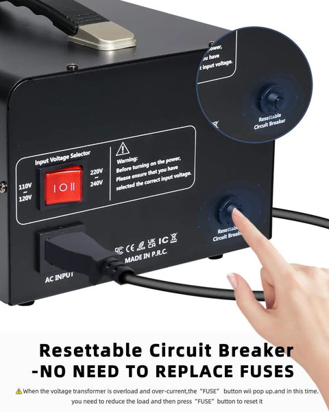 Beefy 3000W Voltage Transformer resettable circuit breaker close-up view with input voltage selector