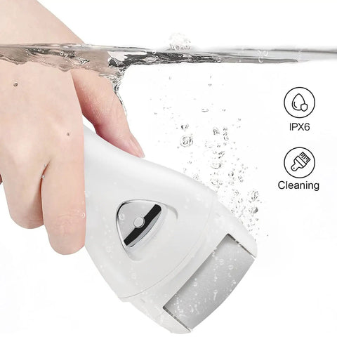 Hand holding Electric Foot Callus Remover Rechargeable Cordless Foot File in water, showcasing IPX6 waterproof design.