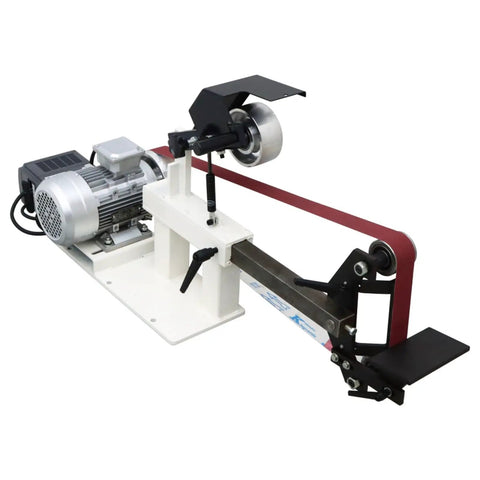 Garage Beast Variable Speed Belt Sander And Metal Polisher With A Wide 72 To 82 Inch Sanding Belt And 3 Grinding Wheels Paired With A Rock Solid Base 110V, showing a silver motor and red sanding belt.