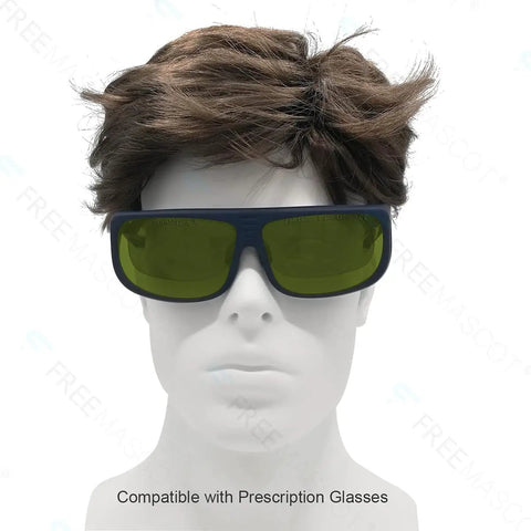 Hardcore Pro Grade Laser Safety Glasses Offering Genuinely Legit OD Eight Plus Protection Over UV And IR Spectrums black frame on mannequin's head