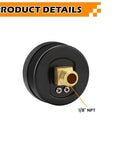 Rear view of air pressure gauge showing 1/8 in NPT brass internals with black steel case for air compressor, home workshop use
