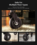 Heavy Duty Office Chair Wheels Set Of Five Black Roller Blades showing castors safe for carpet, hardwood, tile floors without damage.
