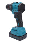 Beefy Cordless Drill Featuring Brushless 20 Volt Motor And 3/8 Inch Keyless Metal Chuck with ergonomic handle and battery.