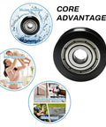 Rock Solid Four Piece Heavy Duty U Groove Pulleys Featuring Durable Pom Plastic Rails And No Sweat Drawer Glide Action With Precision Ball Bearings For Cabinet Hardware close-up of bearing and advantages