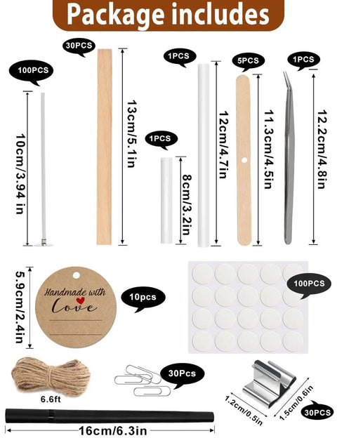 Components of Candle Making Starter Kit With 130 Pieces Wicks And Full Tool Set For DIY Soy And Beeswax Candles, including wicks and tools.