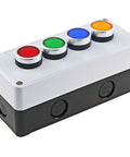 Heavy Duty Industrial Control Box With Emergency Stop And Self Reset Push Buttons Waterproof Switch For 24 Or 220 Volt Gear, featuring multiple colored buttons.