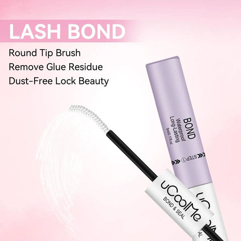 Image of All Day Waterproof Lash Bond And Seal Eyelash Glue 10ml with brush applicator against pink background.