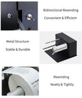 Automatic Label Rewinder Machine With Two-Way Rewind, showing metal frame, bidirectional switch, and compact design for efficient label rewinding.