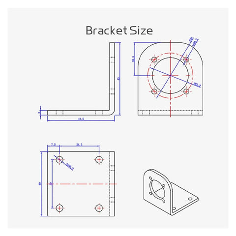Bracket size diagram for Heavy Duty Brushless Planetary Micro Dc Gear Motor Featuring Forward Reverse Toggle Smooth Adjustable Speed Up To Two Thousand One Hundred Sixty Rpm.
