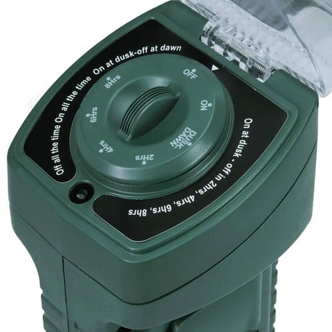 Close-up of rotary dial on Gotta Have This Heavy Duty Outdoor Yard Stake Electrical Hub With Six Plug Points and Elevated Safe Output.