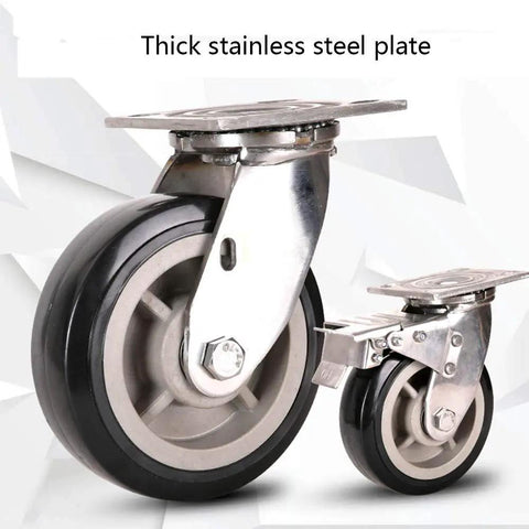 Heavy Duty 304 Stainless Steel Swivel Caster Wheels Featuring Dual Ball Bearings And Rustproof Thick Bracket Plates For Built Tough Grind And Smooth Sailing Cart Movement, close-up of large and small wheels.