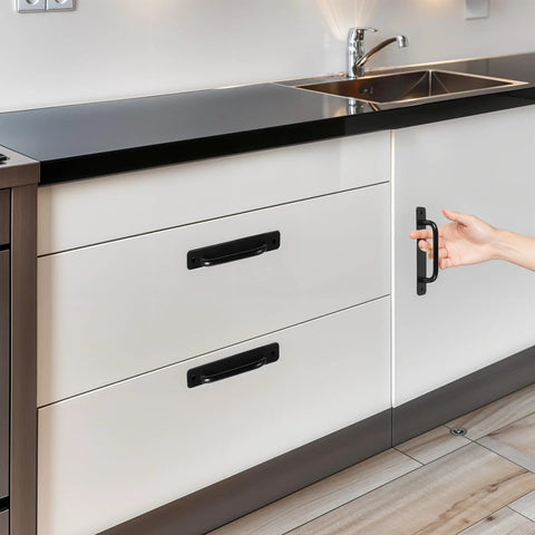 12 Pack 5.8 Inch Aluminum Alloy Black Cabinet Pulls With Screws for barn doors, cupboards, wardrobes, on white kitchen cabinets