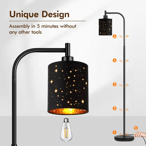 Industrial Floor Lamp With Adjustable Three Light Tree Stand for living room, showcasing unique assembly and black shade detail.