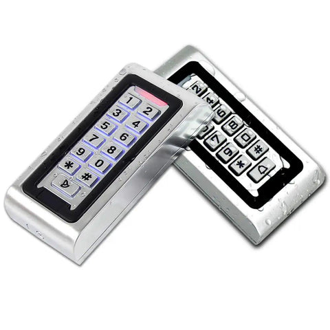 Standalone Door Access Control System With Backlit Password Keypad And Includes Five Proximity Key Fobs Supports 2000 Users Card Reader Weatherproof Zinc Alloy Case For Garage Door And Gate Opener, shown front and side view