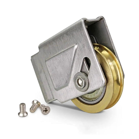 Slick Heavy Duty Sliding Door Rollers With Double Wheel Assembly And Muted Brass Wheels Aluminum Alloy Pulleys close-up with screws.