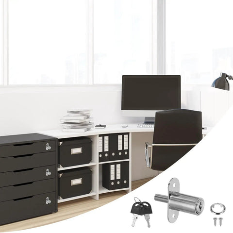 Heavy Duty Push Plunger Lock With Keys Plus Screws And Lock Rings For Drawers And Cabinets Featuring Keyed Different Security Plus Silver Finish in home office setting.