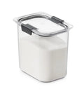 Straight Up 12 Cup Airtight Food Storage Container With Secure Snap Lid For Pantry Organization And Kitchen Cabinets Absolutely Leak Proof And Stackable Shape Keeps Dry Goods Fresh Way Longer Every Single Day with sugar inside.