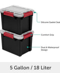 Rugged 5 Gallon Waterproof Storage Bin With Tight Gasket Seal And Heavy Duty Latches stacked, showing silicone gasket and comfort grip.
