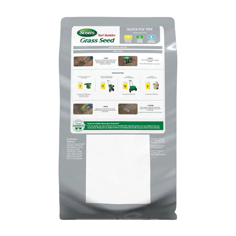 Scotts Turf Builder Grass Seed packaging showing instructions for Boost Your Lawn Game Fast Quick Fix Grass Seed Mix.