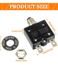 Solid As A Rock Single Pole 15 Amp Push Button Circuit Breaker With No Hassle Reset Thermal Overload Protector shown with size details.