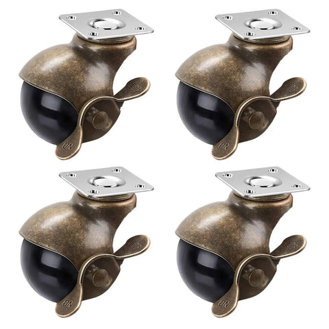 4 Pack Retro Caster Wheels With Foolproof Locking Brakes Smooth Gliding Furniture Casters Heavy Duty Rolling Wheels For Workbenches Mobile Cabinets And Studio Gear 2 Inch Diameter Brass and black design for heavy-duty use.
