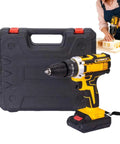21V Cordless Drill And Screwdriver Set Boasts Multiple Drive Modes And Adjustable Torque For Precision Work On Light Materials beside a durable carrying case.