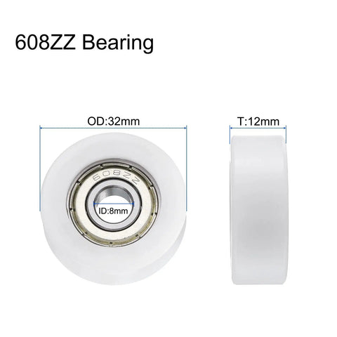 4Pcs 608ZZ Nylon Roller Bearings 8x32x12mm Idler Pulley Guide Heavy Duty white plastic bearing shown from front and side.