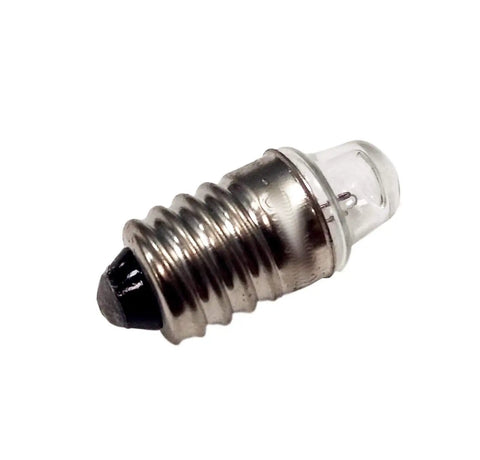 E10 miniature screw base light bulb, 2.5 volt, incandescent, used for model trains and electronics hobbies.