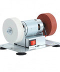 Mini Bench Grinder With Grinding Wheels, 150W Electric Motor To Whip Your Tools Back Into Shape, side view showing grinding wheels and control switch.