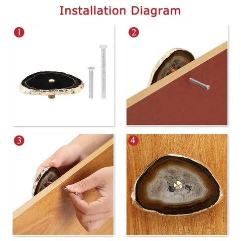 Installation steps for Premium Natural Agate Stone Drawer Handles With Brushed Gold Cabinet Knobs, detailed guide.