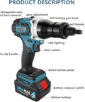 Heavy Duty Cordless Rivet Gun Set Featuring Automatic Battery Powered Operation For Smooth No Sweat M3 To M12 Sheet Metal Installation Included With Two Full Capacity Packs, close-up view highlighting LED, button panel, and battery.