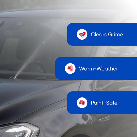 Heavy Duty One Gallon Windshield Washer Fluid With Tough Bug And Tar Blasting Blend for cleaning grime on a car windshield.