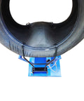 Solid Build Pneumatic Tire Changer And Tire Spreader For Compact Cars And Motorcycles Heavy Steel Construction showing tire mounted on tool.
