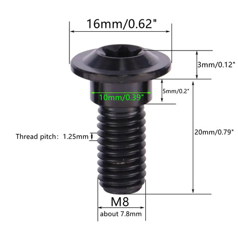 Badass Grade 5 Titanium Motorcycle Brake Rotor Bolts M8 X 20mm And 25mm CNC Anodized Black Replacement Screws close-up view with dimensions.
