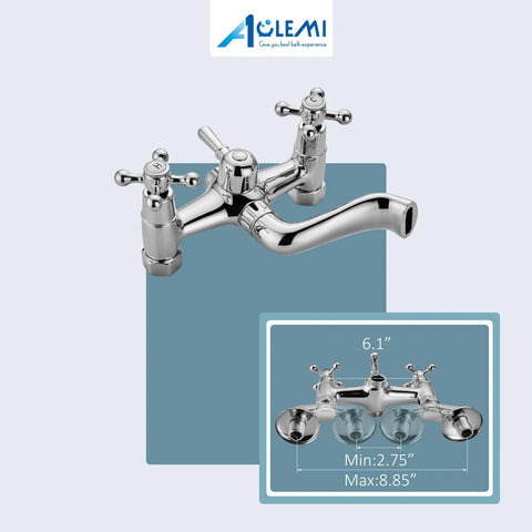 Polished Chrome Tub Filler And Wall Mount Faucet Set With Dual Cross Handles All Metal Brass Construction, Size Dimensions Shown