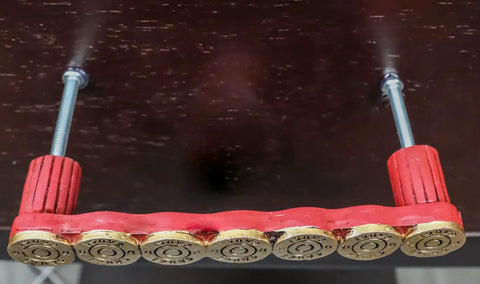 Killer Rustic Western 12 Gauge Shotgun Shell Bar Pulls For Cabinets And Drawers showing unique red polyresin handle with shotgun casing design.