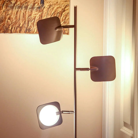Tree Floor Lamp With Dimmable LED Spotlight, Adjustable Panels, Tall Silver Standing Lamp in living room corner view
