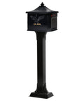 Cast Aluminum Heavy Duty Adjustable Mailbox Post Black With Weatherproof Powder Coat Finish Resists Rust Height From 33 To 41 Inches Supports Up To 120 Lbs Fits Over 4x4 Post CP000B00 showing black post with mailbox