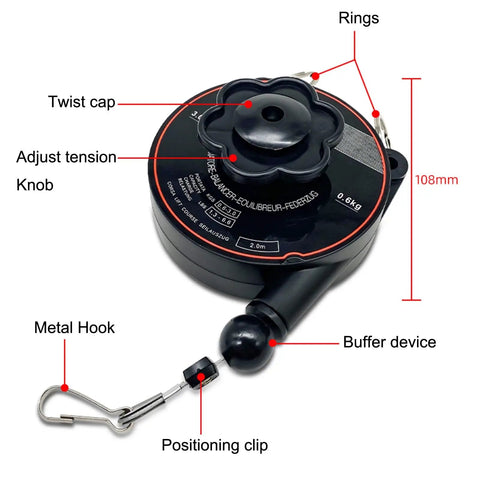 Heavy Duty Spring Balancer For Tools, Retractable 2m Stand With Hook And Wire Rope, 108mm black unit with tension knob