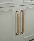 5 Inch Hole Center Antique Brass Cabinet Pulls Zinc Alloy Kitchen Drawer Pulls installed on white cabinet doors