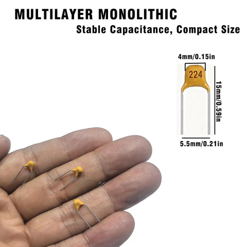 600 Piece Ceramic Capacitor Assortment Kit With 15 Essential Values From 10pF To 100nF showing multilayer monolithic capacitors in hand.