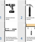 Installation steps for Heavy Duty 10 Inch Shelf Brackets 6 Pack Black Metal L Brackets showing tools and process.