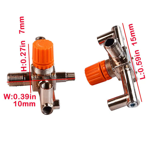 Real Badass Heavy Duty Dual Outlet Air Compressor Manifold NPT Zinc Alloy Splitter Valve with orange pressure knob and threaded connections.