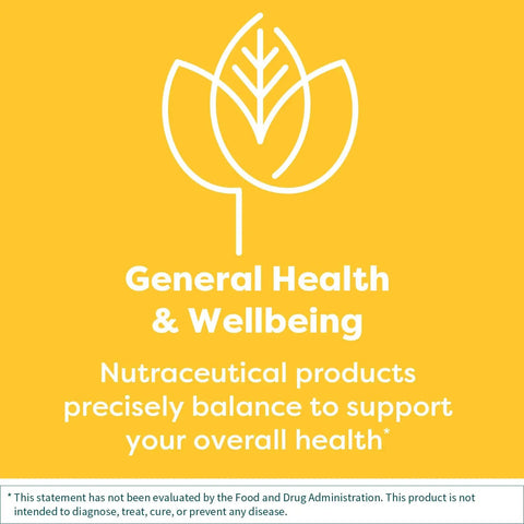 General health and wellbeing nutraceutical products statement on a yellow background with a leaf motif.