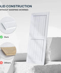 Slick White Barn Door With Solid Wood Core And Waterproof Vinyl Panel Including H Frame Sliding Hardware Kit Plus Handle For Hassle Free Plug And Play Install And Smooth Movement Fits Standard 32 To 34 Inch Openings Measuring 36 By 84 Inches, showcasing solid construction.