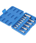 Complete Hex Bit Socket Set With 13 Essential Pieces Covering 2mm To 14mm With Versatile 1/4 3/8 And 1/2 Inch Drive in blue case.