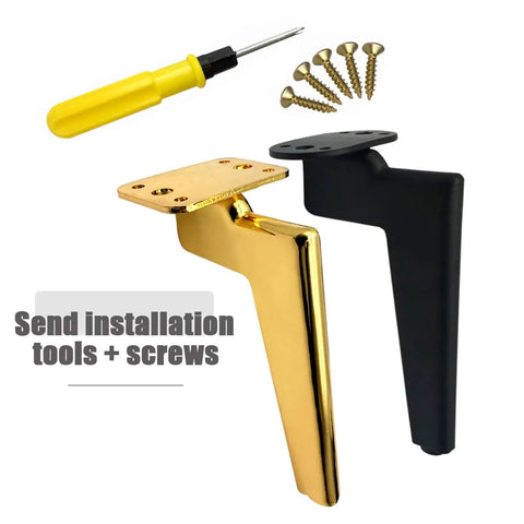 Heavy duty furniture legs in black and gold with installation tools, for couches and TV stands, rust resistant black iron base.