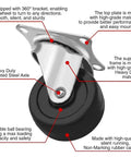 24 Pack 2 Inch Hard Rubber Swivel Caster Wheels With Top Plate Sealed Bearings Heavy Duty Rock Solid Locking Brake Smooth Sailing Heavy Hauler Cart Kit 65 Lb Capacity Shop close-up of swiveling caster with top plate and riveted steel axle.