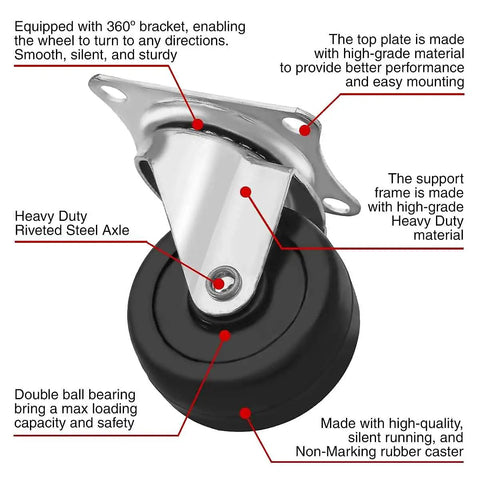 24 Pack 2 Inch Hard Rubber Swivel Caster Wheels With Top Plate Sealed Bearings Heavy Duty Rock Solid Locking Brake Smooth Sailing Heavy Hauler Cart Kit 65 Lb Capacity Shop close-up of swiveling caster with top plate and riveted steel axle.